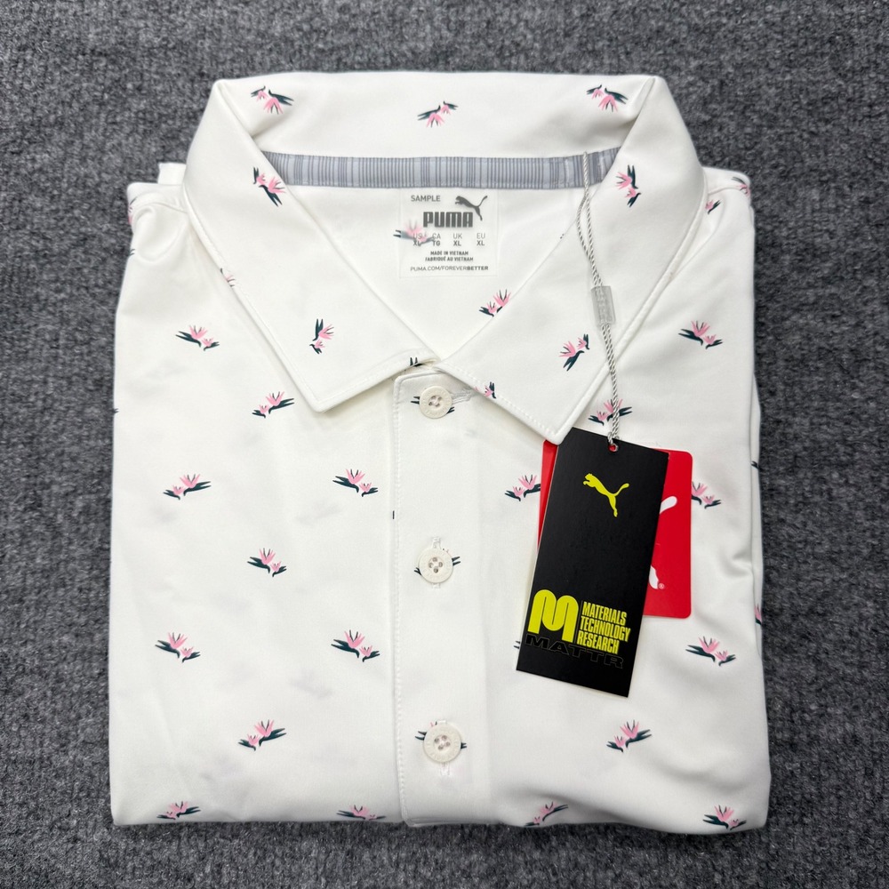 Puma Golf Men XL MATTR Polo Shirt White Bird of Paradise Floral Performance NEW - Picture 8 of 9